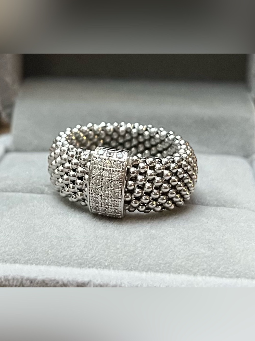 Italian 925 Dyadema Sterling Silver Pave Bead Mesh Ring - Silver